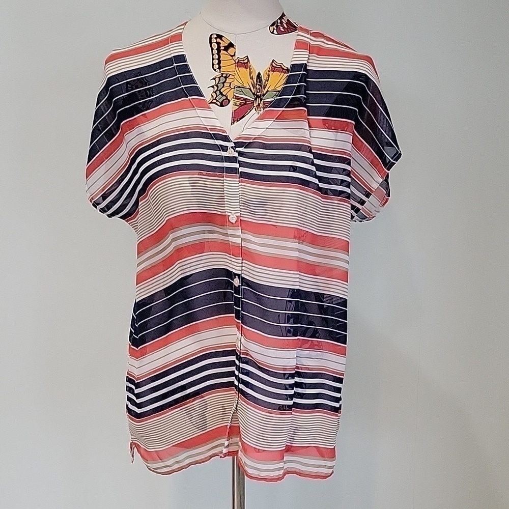 OLIVE & OAK sheer striped button-down top. Cute & flowy. Size is Medium.